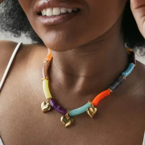 Necklace with rainbow beads, with stainless steel hearts