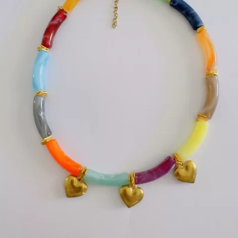 Necklace with rainbow beads, with stainless steel hearts