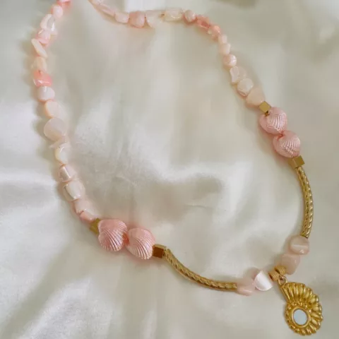 Solstice necklace with semi-precious stones, steel elements, and natural shells