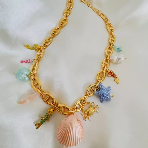 Freya necklace Necklace with stainless steel chain, freshwater pearls, semi-precious stones, and natural shell accents