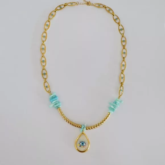 Melody Melody necklace with semi-precious stones & steel chain, 45+5 cm adjustable. Elegant design for everyday wear or layering.